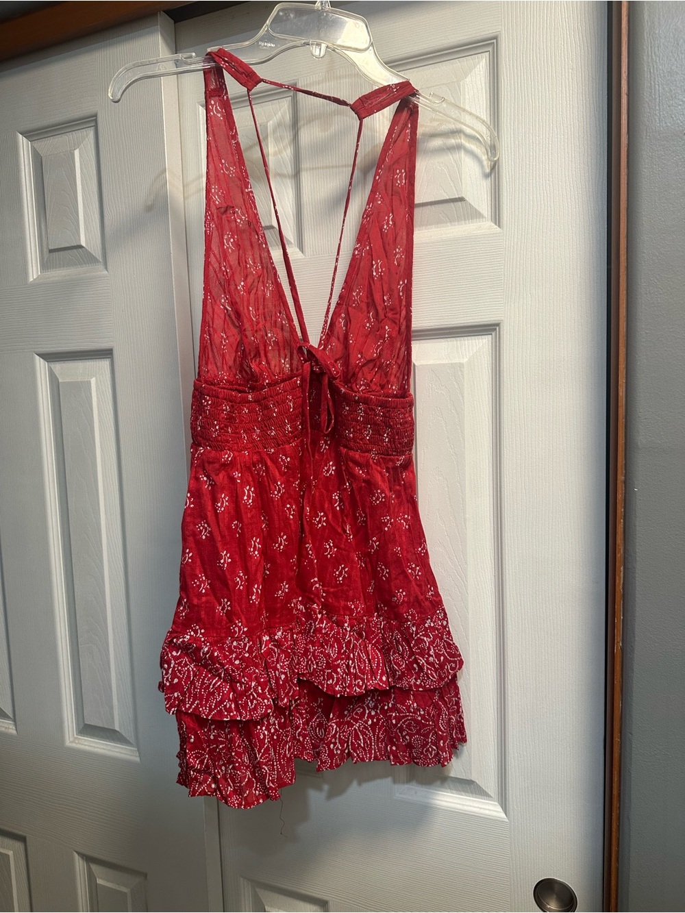 Free People Red Plunging Tiered Mini Dress with White Print - Picture 2 of 4